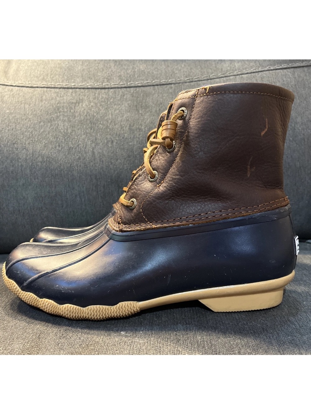 Sperry Top-Sider Women's Saltwater Waterproof Duck Boots Navy Brown Leather 9